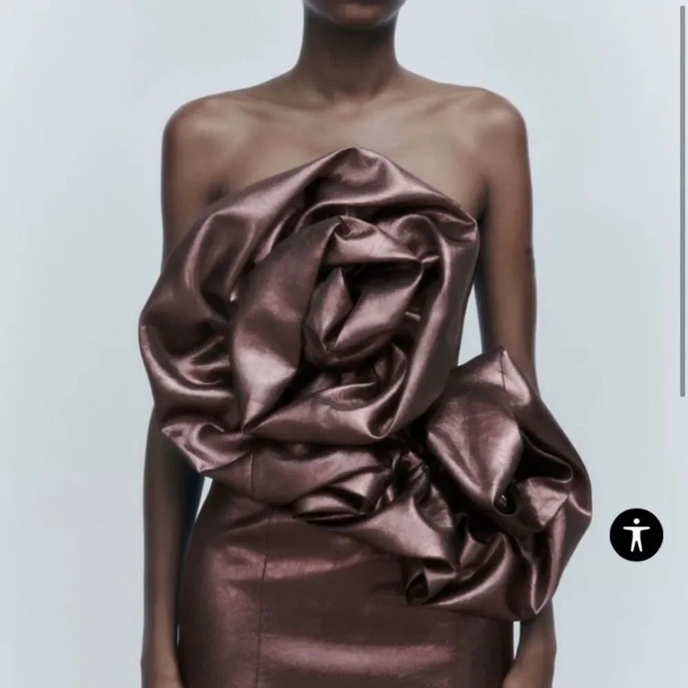 New Zara metallic large flower bronze rose avant-garde mini dress L - Picture 2 of 5
